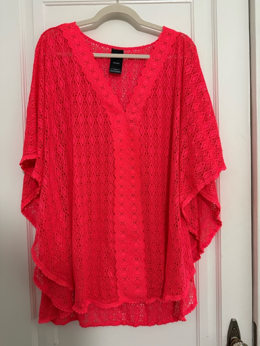 Bright Coral Crochet Cover-Up Tunic